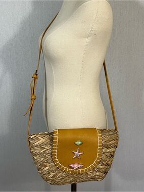 Straw Crossbody Bag with Ocean Beach Themed Accents and Mustard Flap